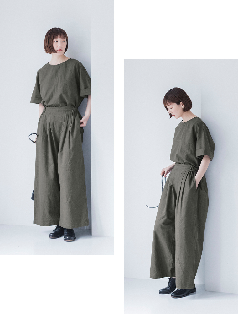 &yarn コットンリネン 2wayブラウス タックワイドパンツ　アレンジスタイル