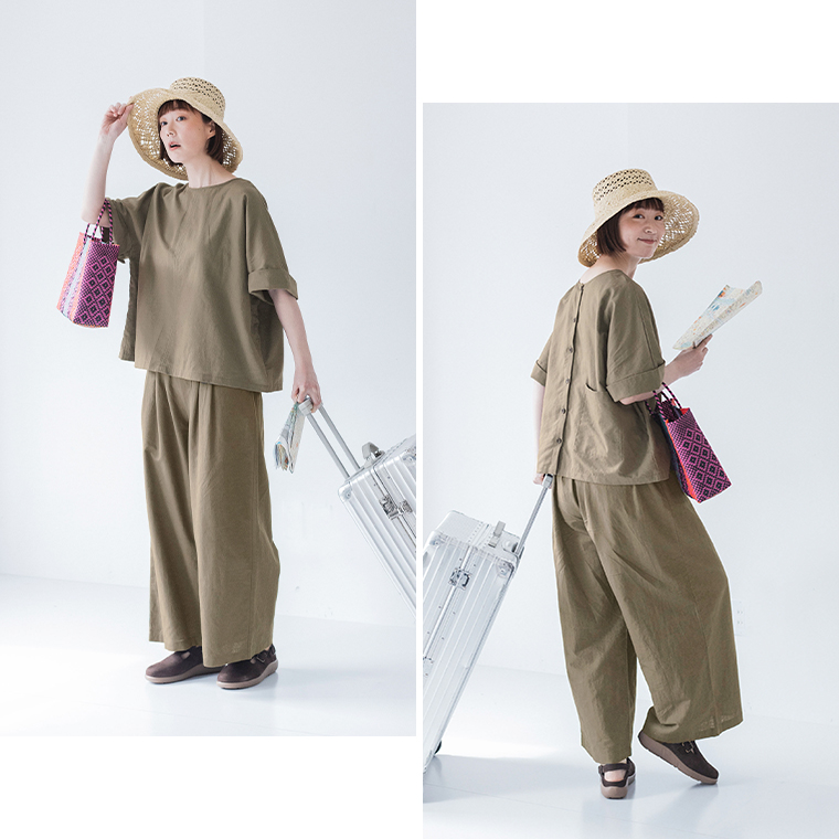 &yarn コットンリネン 2wayブラウス タックワイドパンツ　カーキブラウン　全身前　後ろ