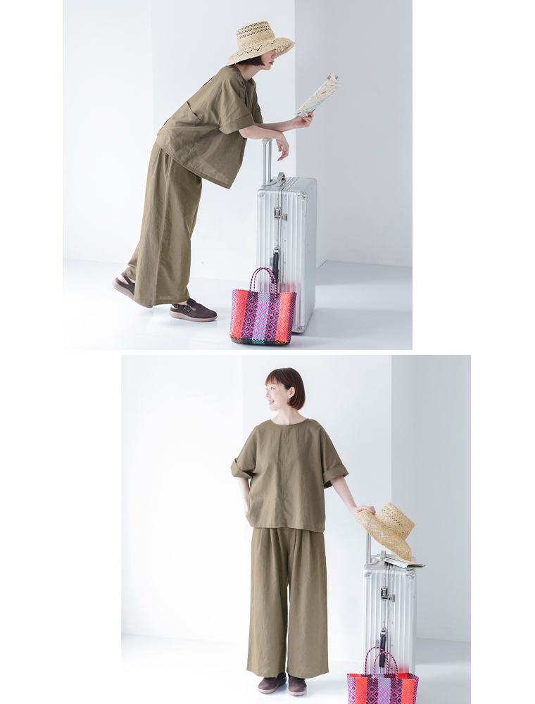 &yarn コットンリネン 2wayブラウス タックワイドパンツ　横　前