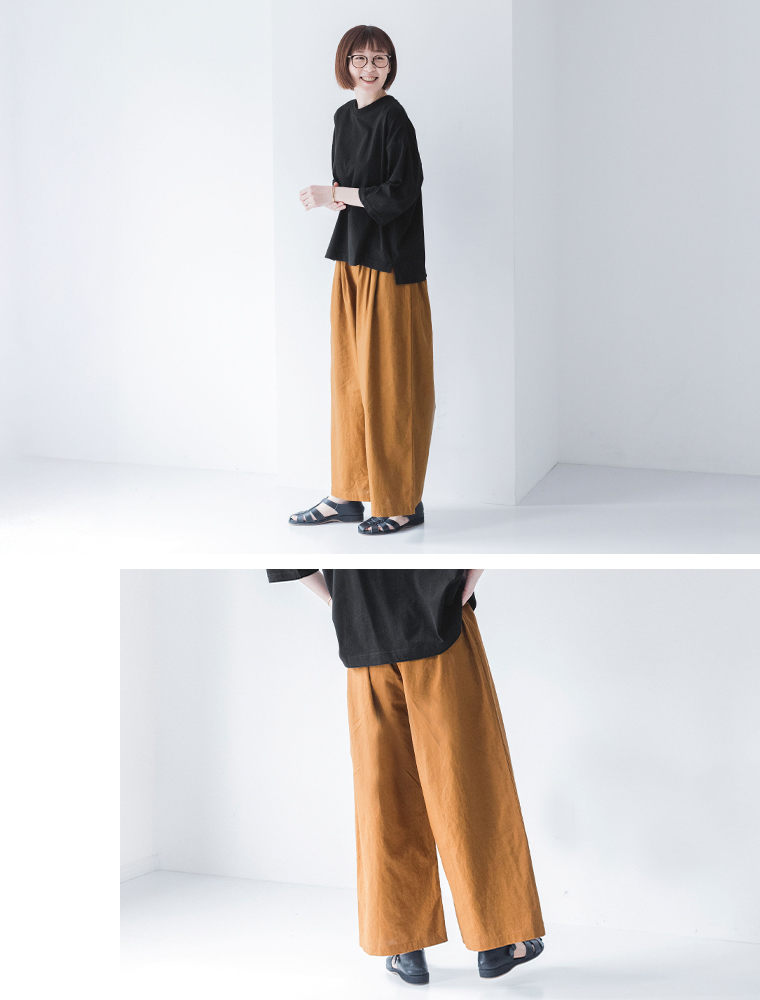 &yarn　コットンリネン タックワイドパンツ　オレンジ　横のシルエット　後ろ寄り