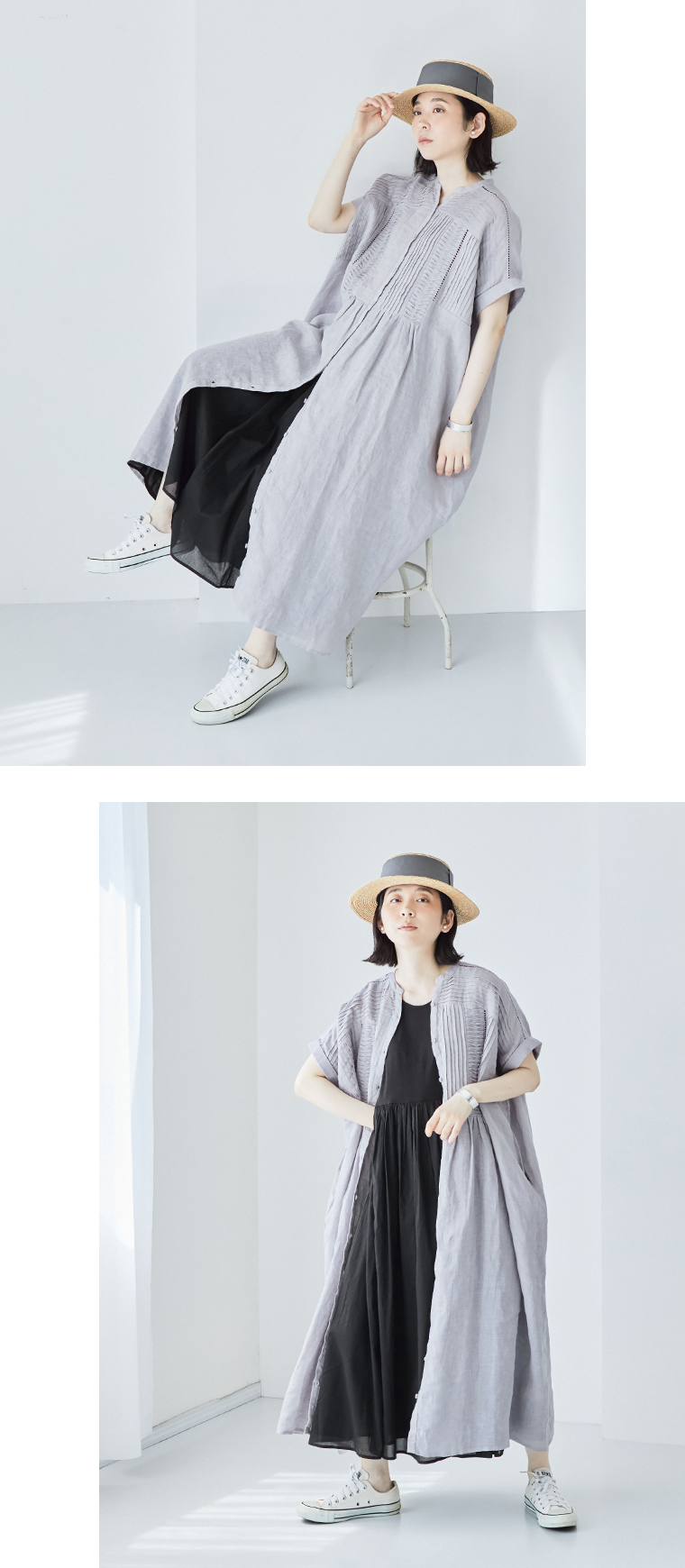 LUPILIEN by natulan【別注】リネンメニーピンタックワンピースライトグレーのボタンとドロップショルダー