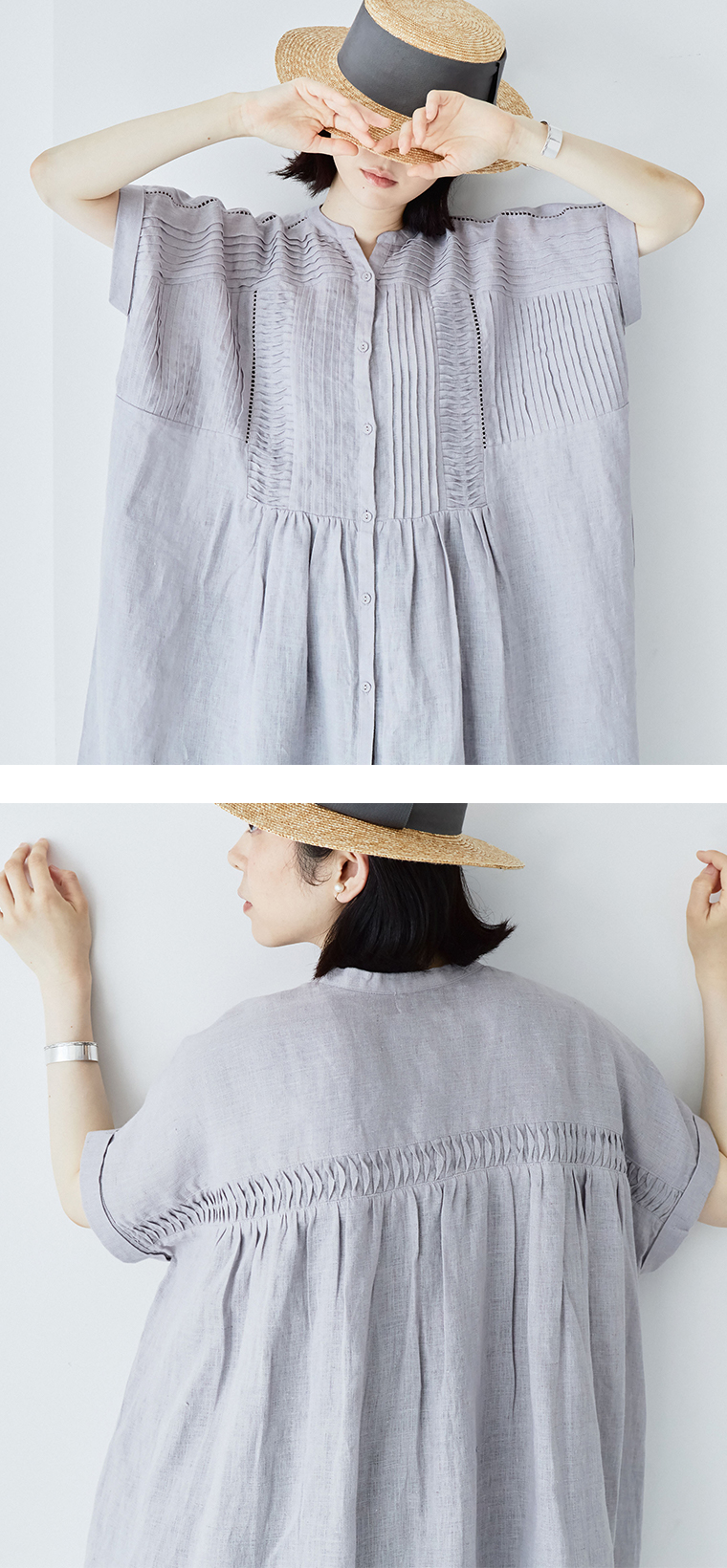 LUPILIEN by natulan【別注】リネンメニーピンタックワンピースライトグレーのシルエットとピンタックの段差