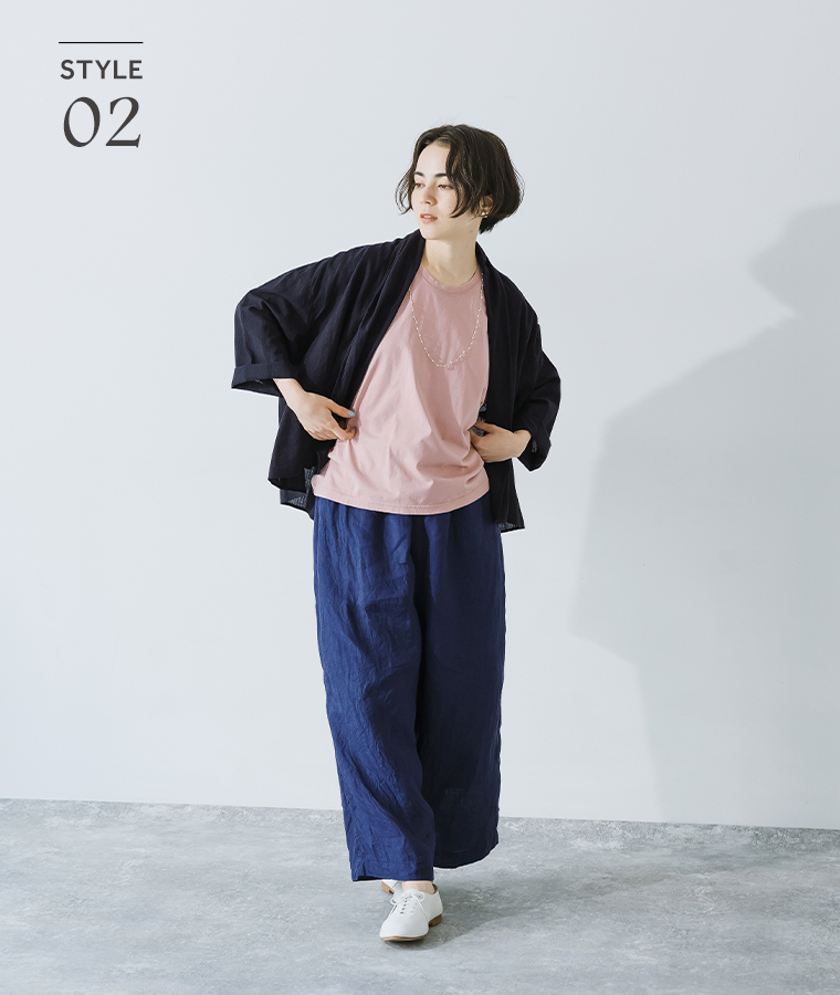 ICHI Antiquites　インディゴリネンパンツの着こなし