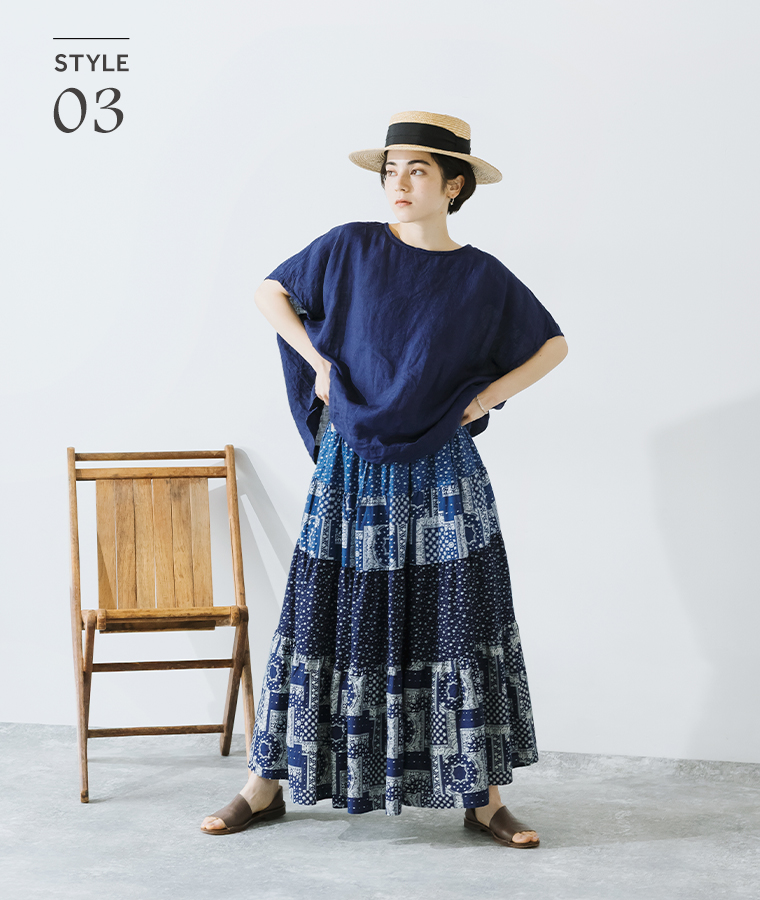 ICHI Antiquites　コットンインディゴフラワースカートの着こなし