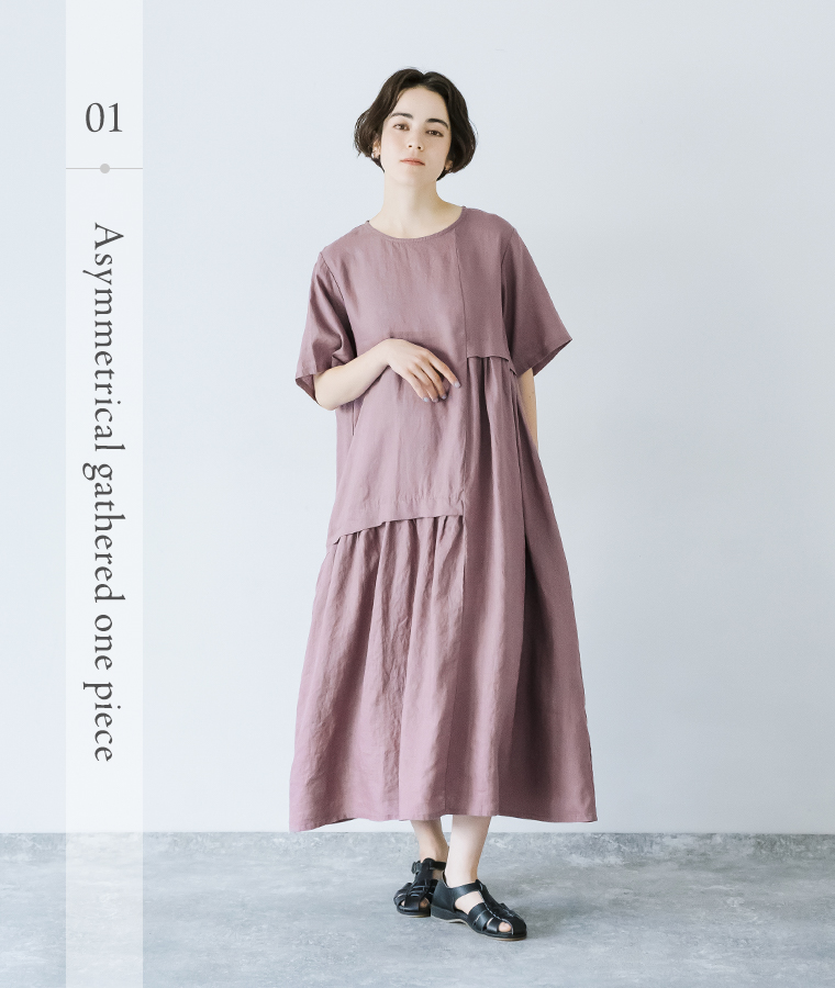 【08Mab】アシンメトリーギャザー切り替えワンピース