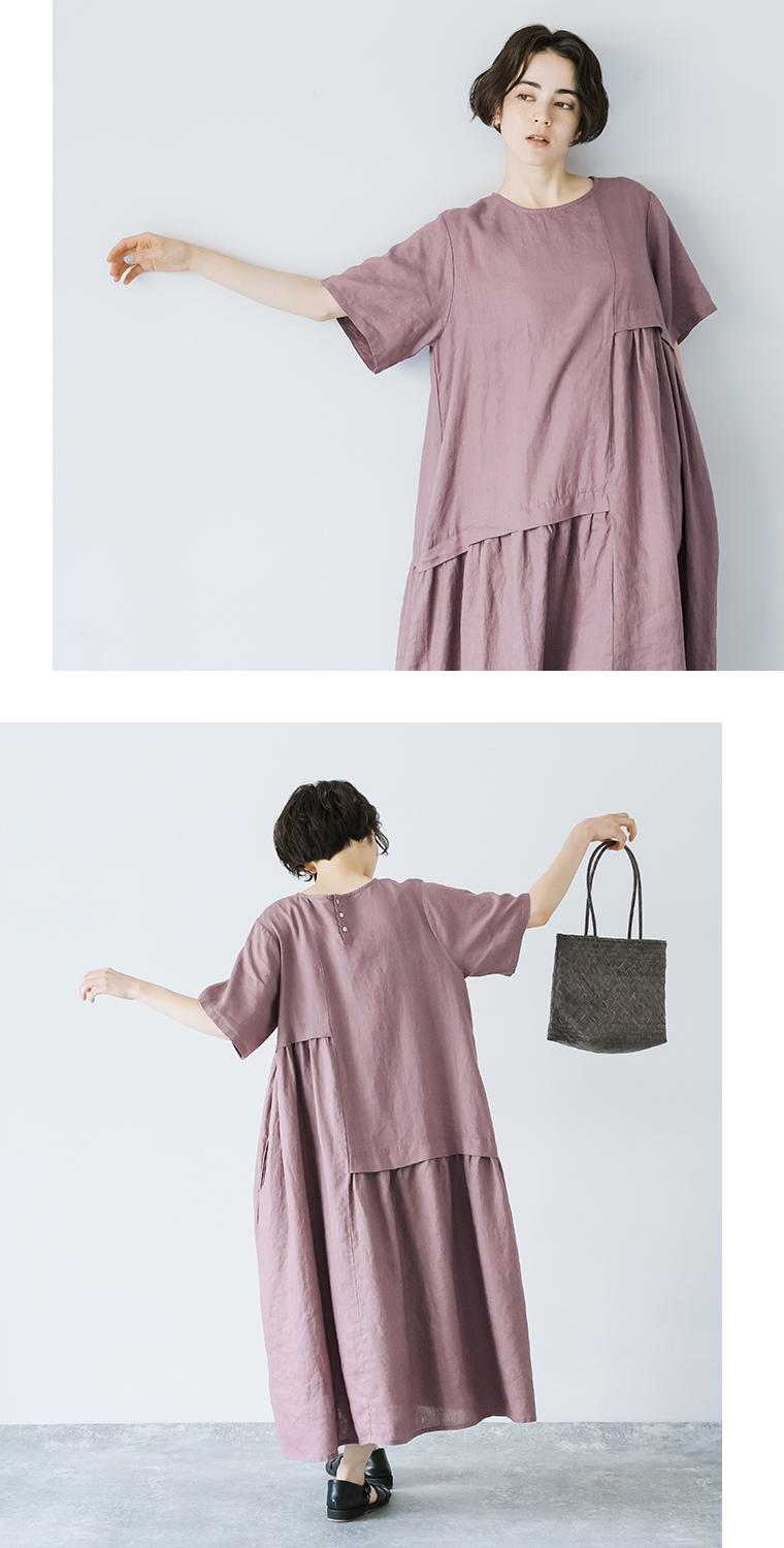 【08Mab】アシンメトリーギャザー切り替えワンピース ギャザー寄り＆バックスタイル