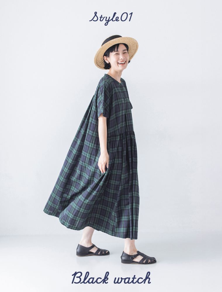 Lintu Laulu バンドカラーギャザーワンピース  ブラックウォッチ