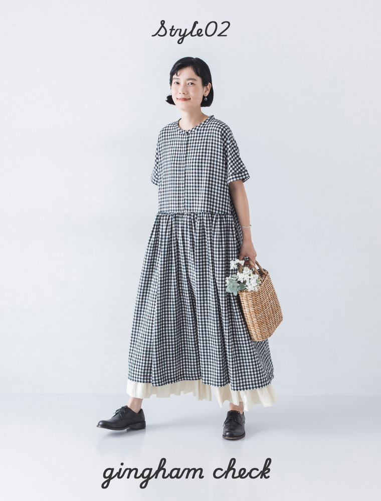 Lintu Laulu バンドカラーギャザーワンピース  ギンガムチェック