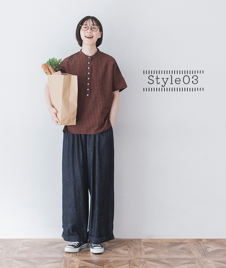 &yarn ブラウス(レッド×ネイビー)のコーディネート