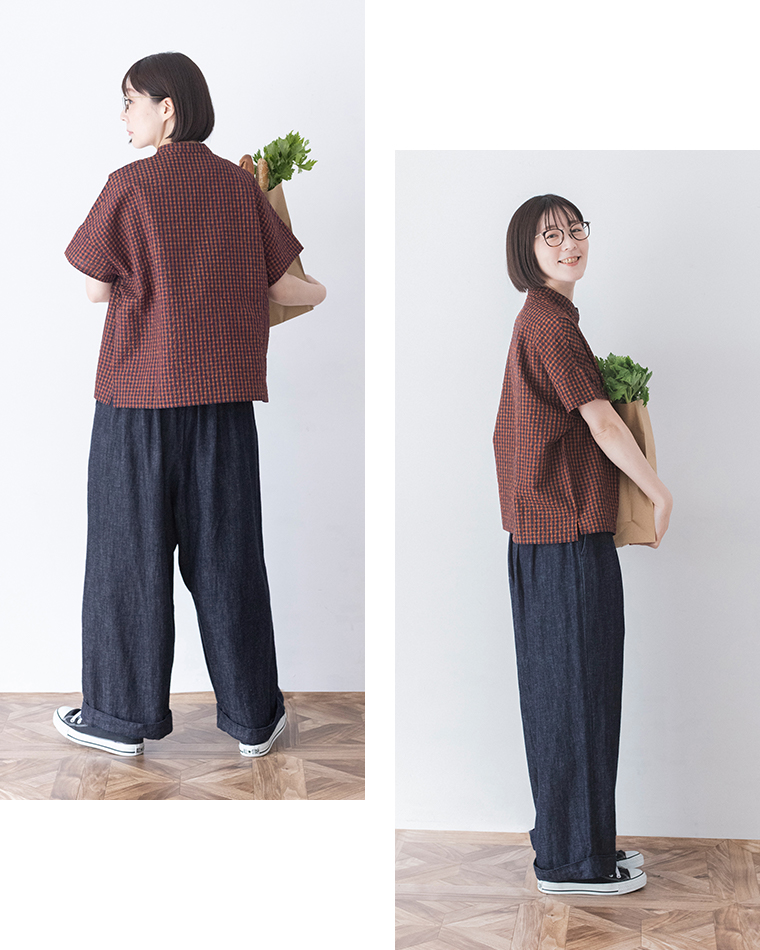 &yarn ブラウス(レッド×ネイビー) 全身後ろと横