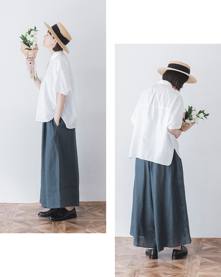 &yarn ワイドパンツ(ブルーグリーン) 全身横と後ろ