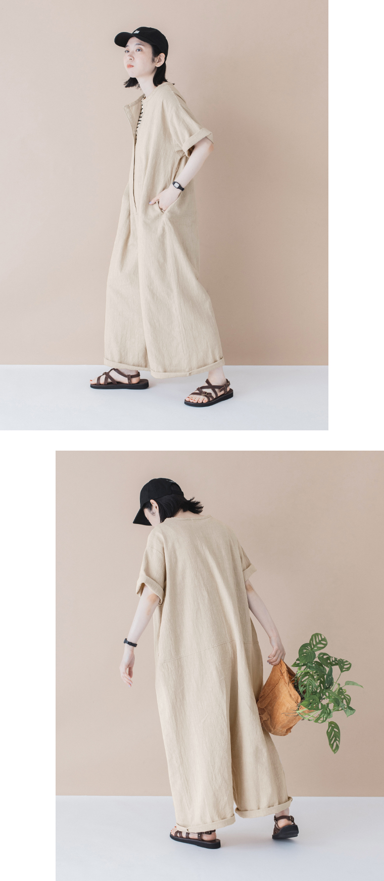 D*g*y 別注コットンくるみボタンのオールインワングレージュのシルエット
