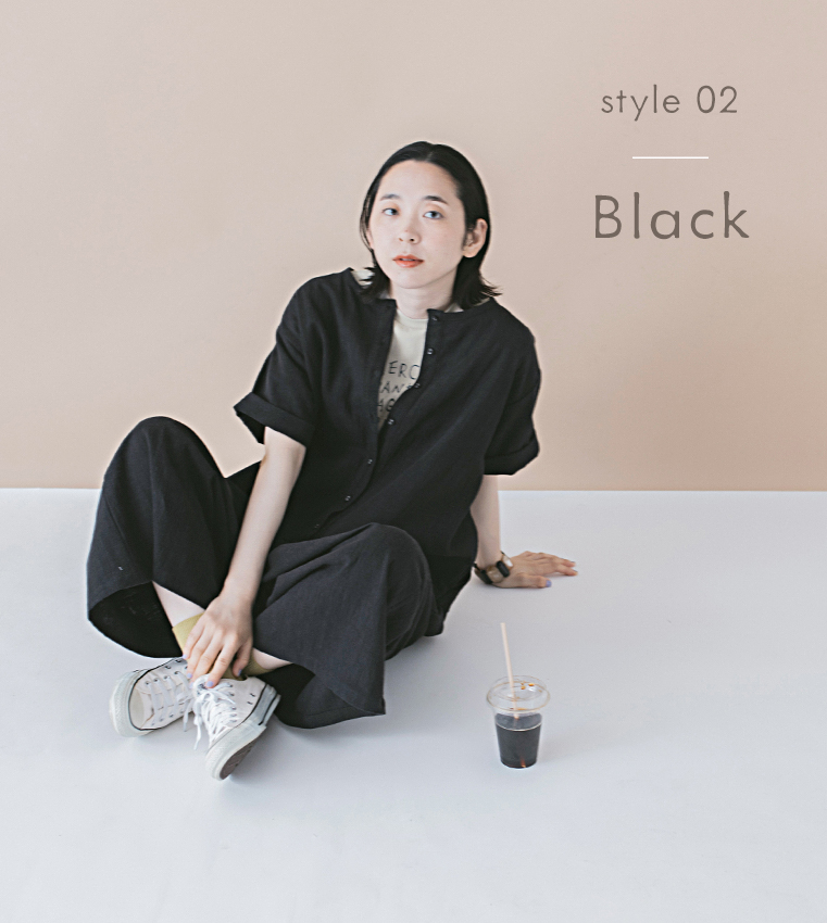 D*g*y 別注コットンくるみボタンのオールインワンブラックのコーディネート