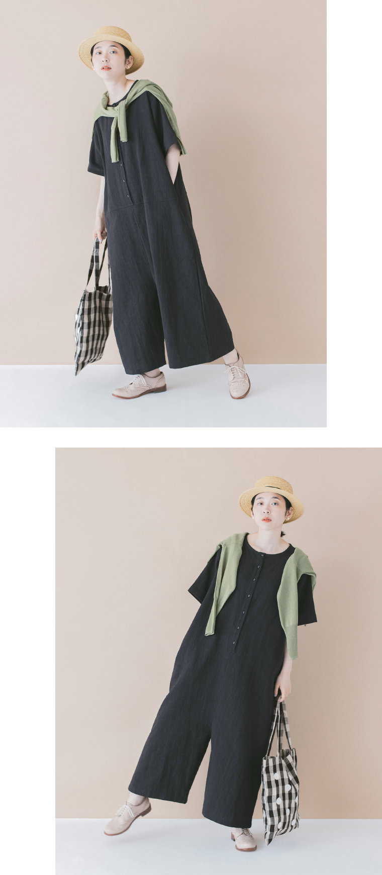D*g*y 別注コットンくるみボタンのオールインワンブラックのカーディガン合わせ