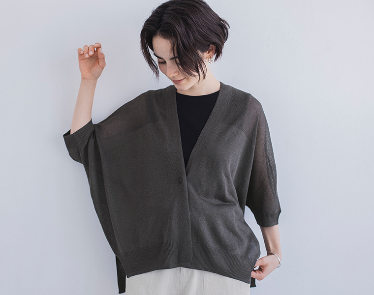 LILASIC LILASIC アクリルポリエステル強撚糸ハイツイストドルマンニットカーディガン チャコール 上半身寄り