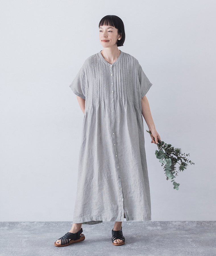 【 08Mab 】リネンシャンブレー　前ピンタックワンピース スチールグレー