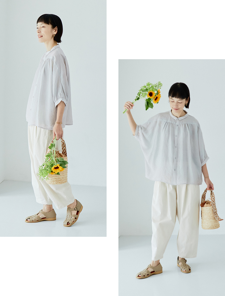【&yarn】ドルマンギャザーブラウス ライトグレー 全身コーディネート