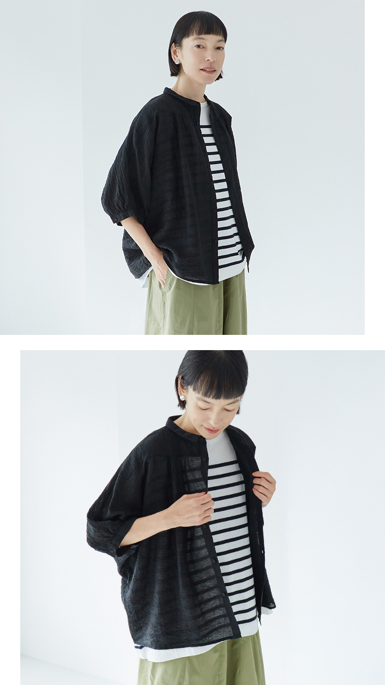 【&yarn】ドルマンギャザーブラウス ブラック 羽織スタイル