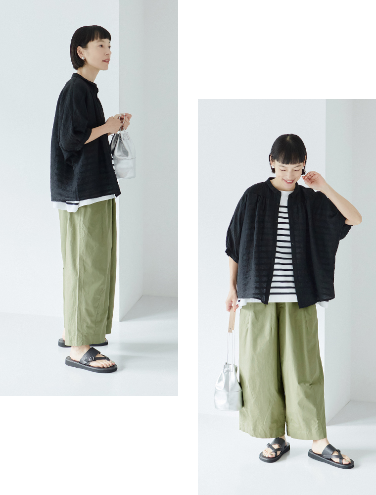 【&yarn】ドルマンギャザーブラウス ブラック 全身コーディネート