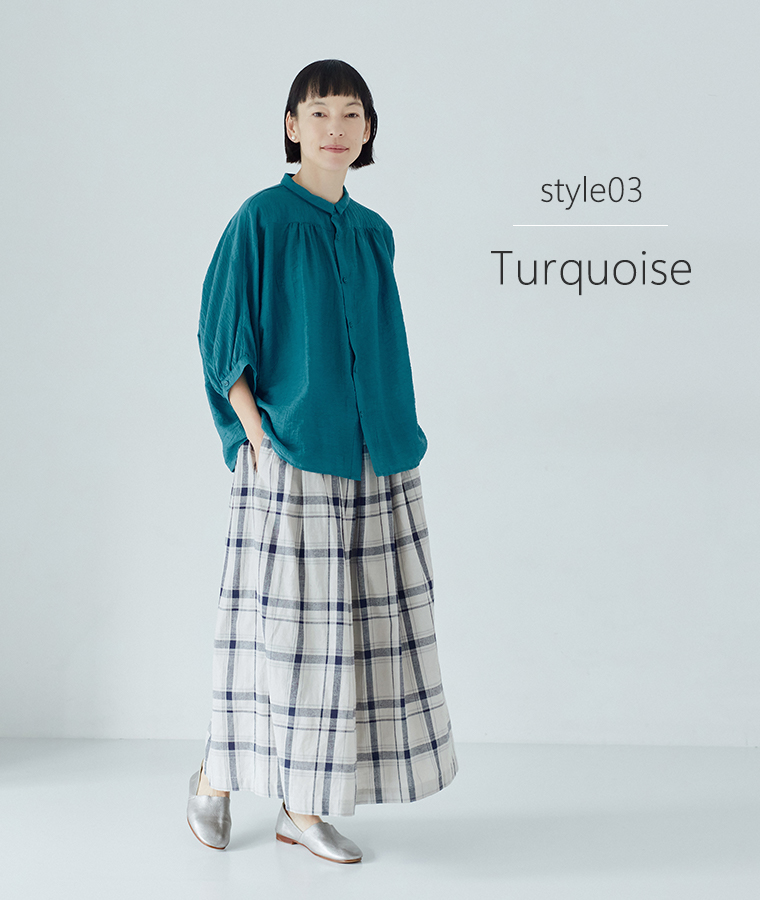 【&yarn】ドルマンギャザーブラウス ターコイズ
