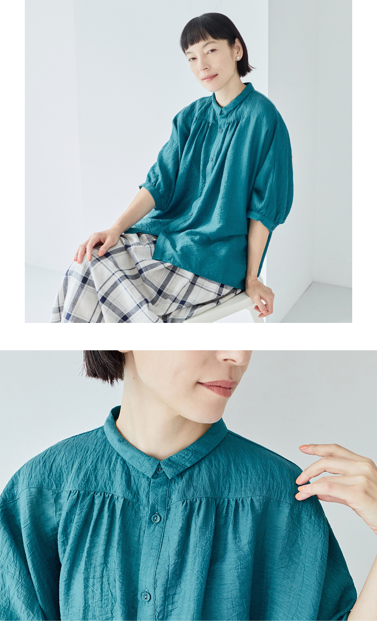 【&yarn】ドルマンギャザーブラウス ターコイズ フロント襟寄り