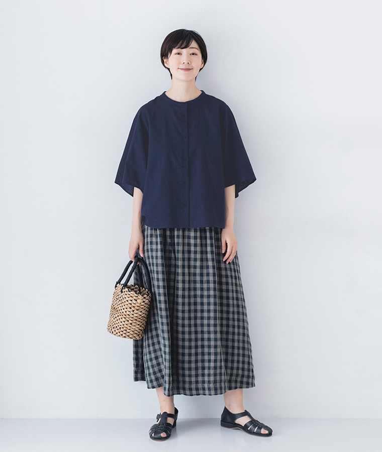 &yarn コットンリネン ワイドスリーブブラウス ネイビー