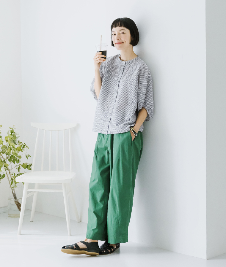 Bliss bunch コットンリネンパフスリーブドルマンシャツ ブラックストライプ