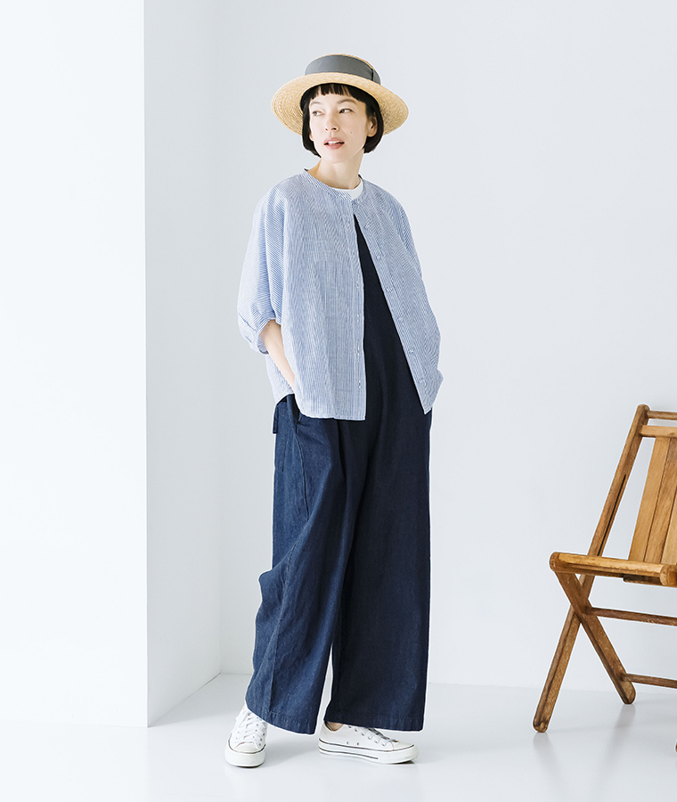 Bliss bunch コットンリネンパフスリーブドルマンシャツ ネイビーストライプの羽織り