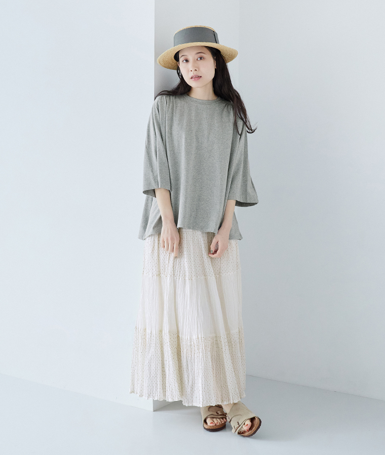 &yarn ギャザー5分袖Tシャツ 杢グレー