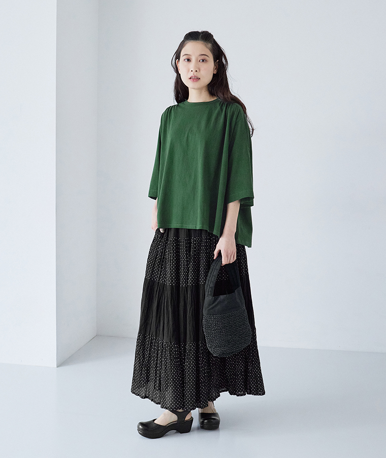 &yarn ギャザー5分袖Tシャツ グリーン