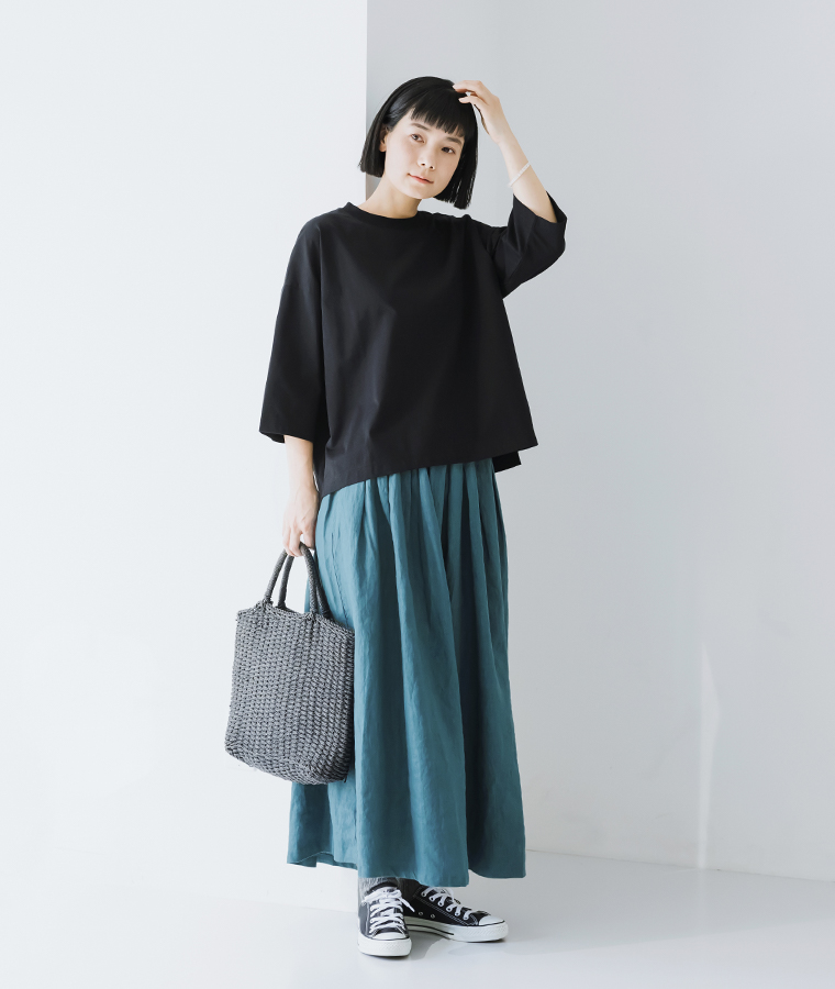 &yarn 7分袖 ワイドプルオーバー ブラック