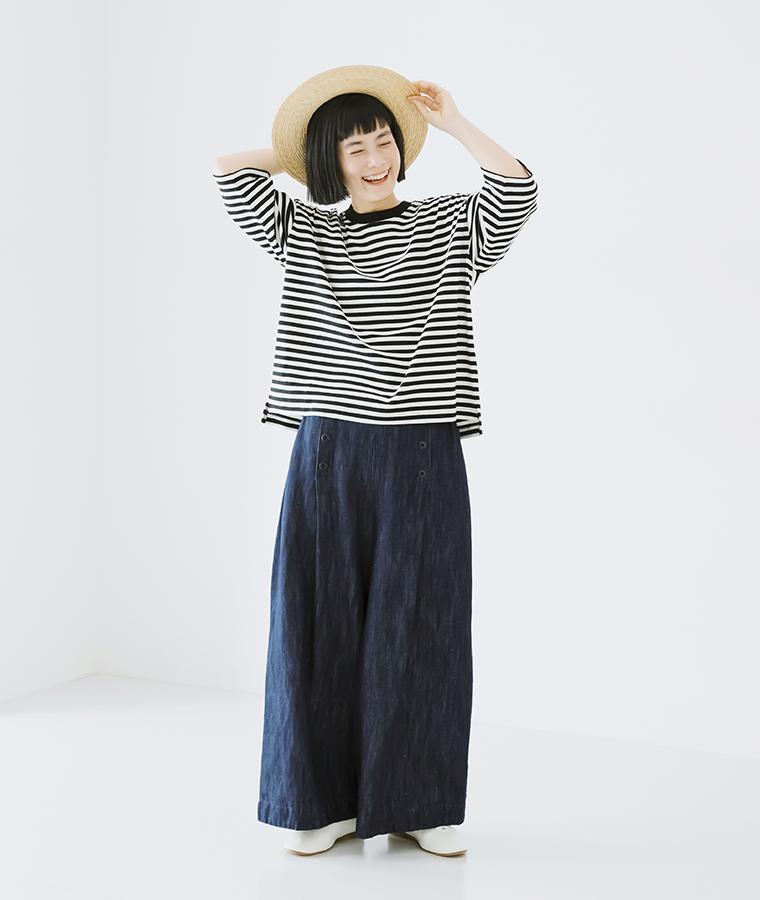 &yarn 7分袖 ワイドプルオーバー オフホワイト×ブラック