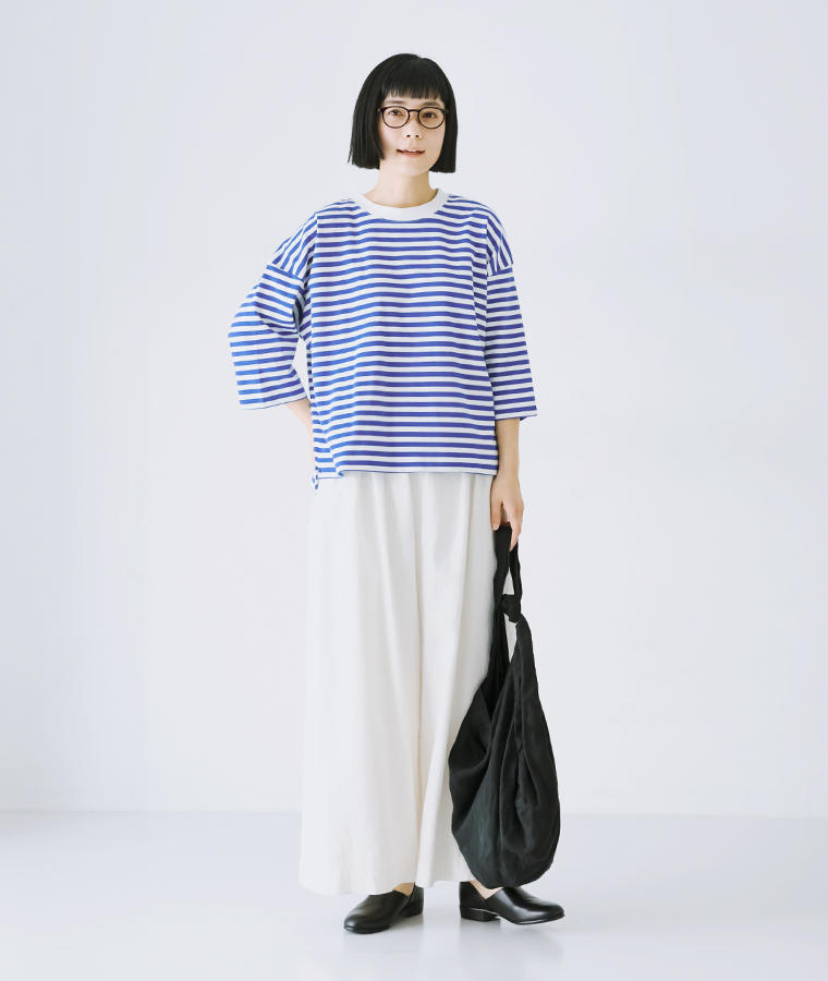 &yarn 7分袖 ワイドプルオーバー オフホワイト×ブルー
