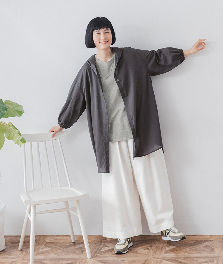 &yarn コットンボイルフード付きシャツカーディガン ネイビー