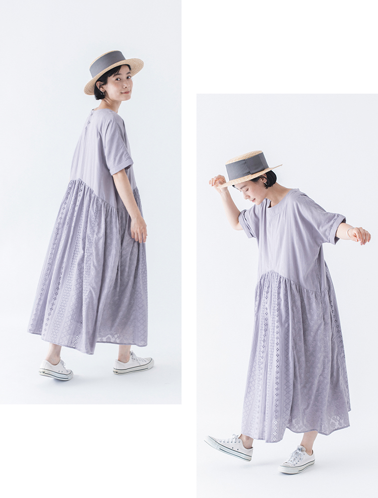 LUPILIEN by natulan  パッチワークシフリーワンピース　ブルーグレー　後ろと横のシルエット