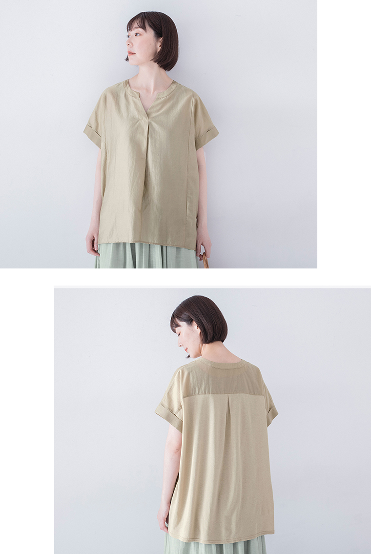 &yarn 【わたしの大人服。】 ブラウス グレージュの上半身前と後ろ