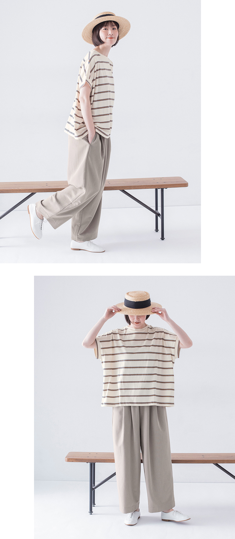 &yarn 【わたしの大人服。】 ワイドパンツ(グレージュ)の全身横と正面