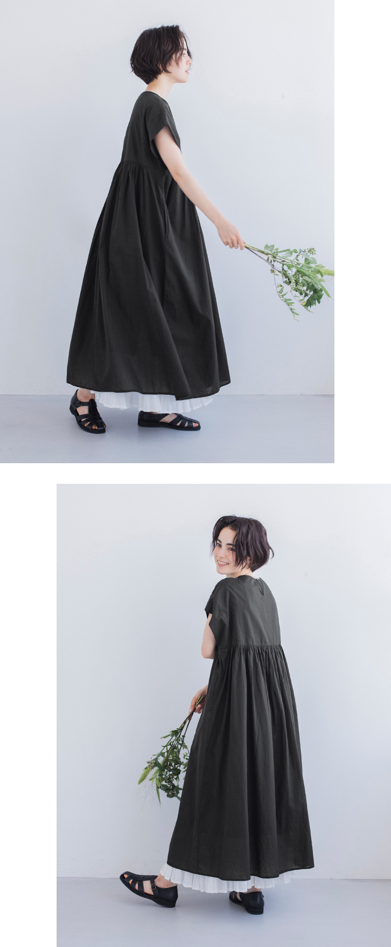 Noia キャンブリックボイルピンタックワンピースブラックのシルエット