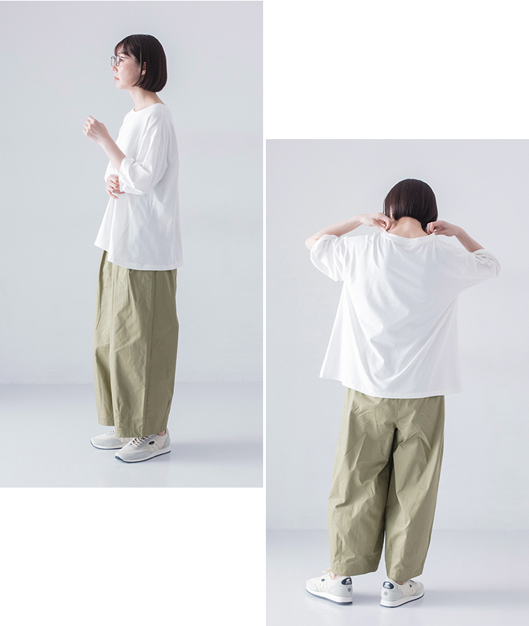&yarn コットンデザインタックワイドパンツ カーキ 全身前後