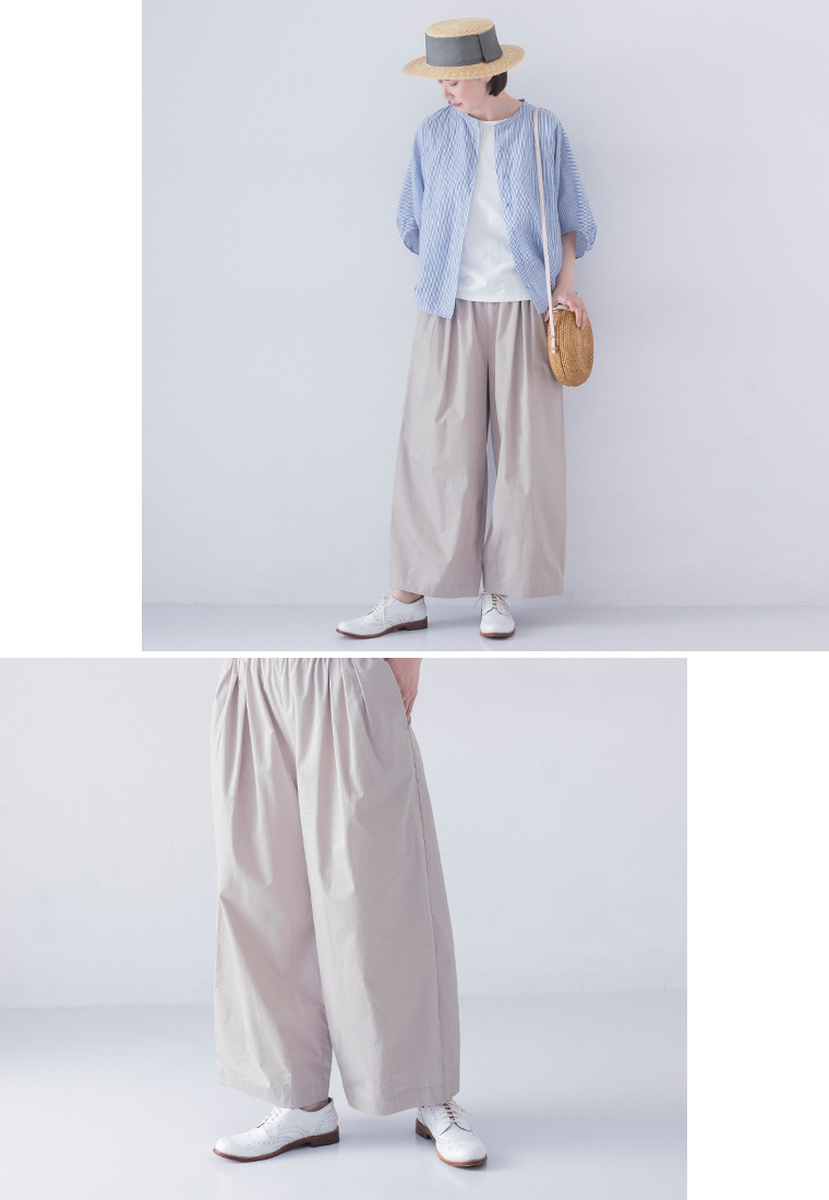 &yarn コットンデザインタックワイドパンツ アイスグレー ディテール前