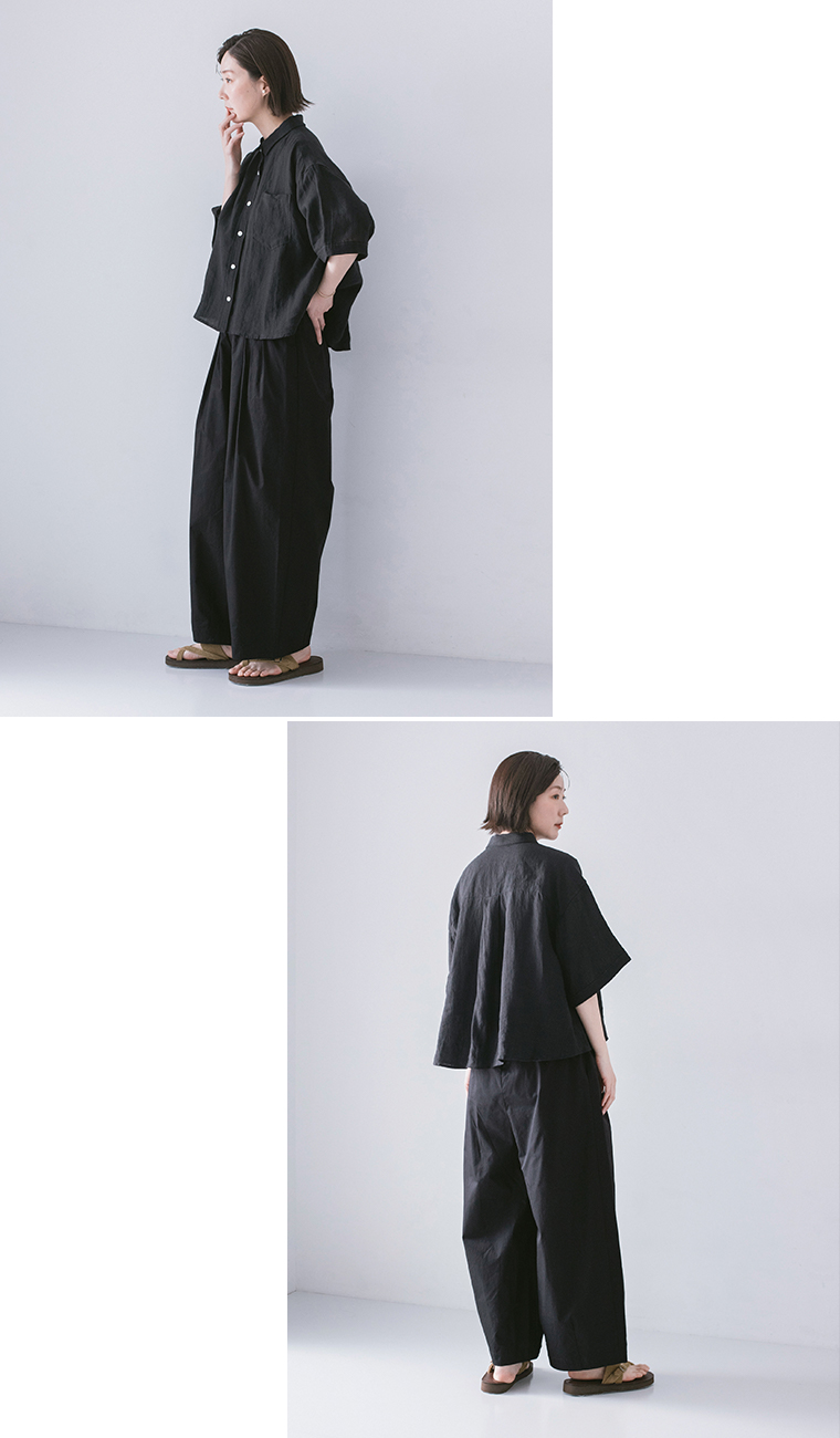 &yarn コットンデザインタックワイドパンツ ブラック 全身前後