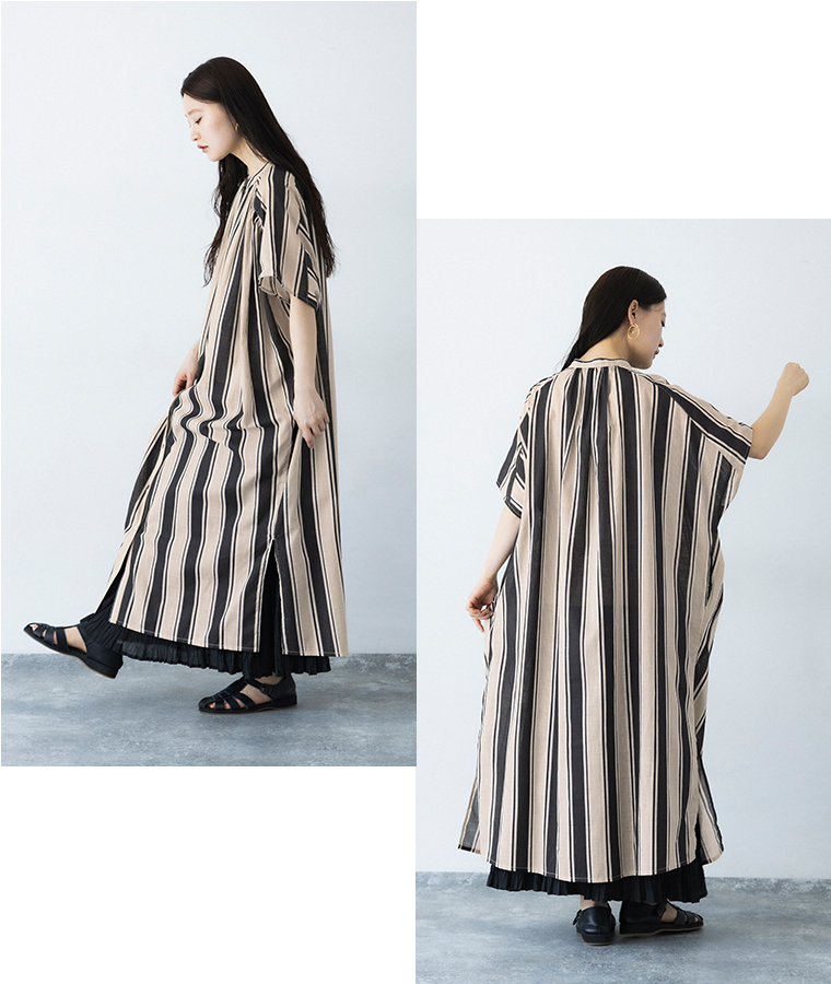 Noia コットンスラブプリントストライプワンピース 全身前後