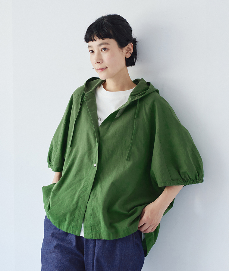 【 Bliss bunch 】 コットンリネン平織りフーディバルーン カーディガン