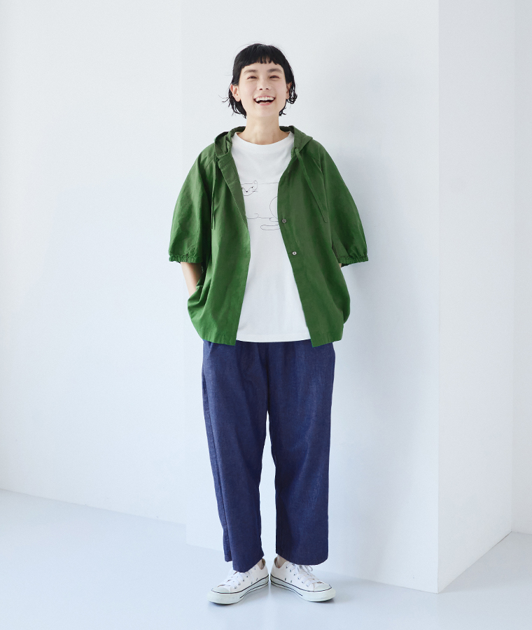 【 Bliss bunch 】 コットンリネン平織りフーディバルーン カーディガン グリーンのコーディネート