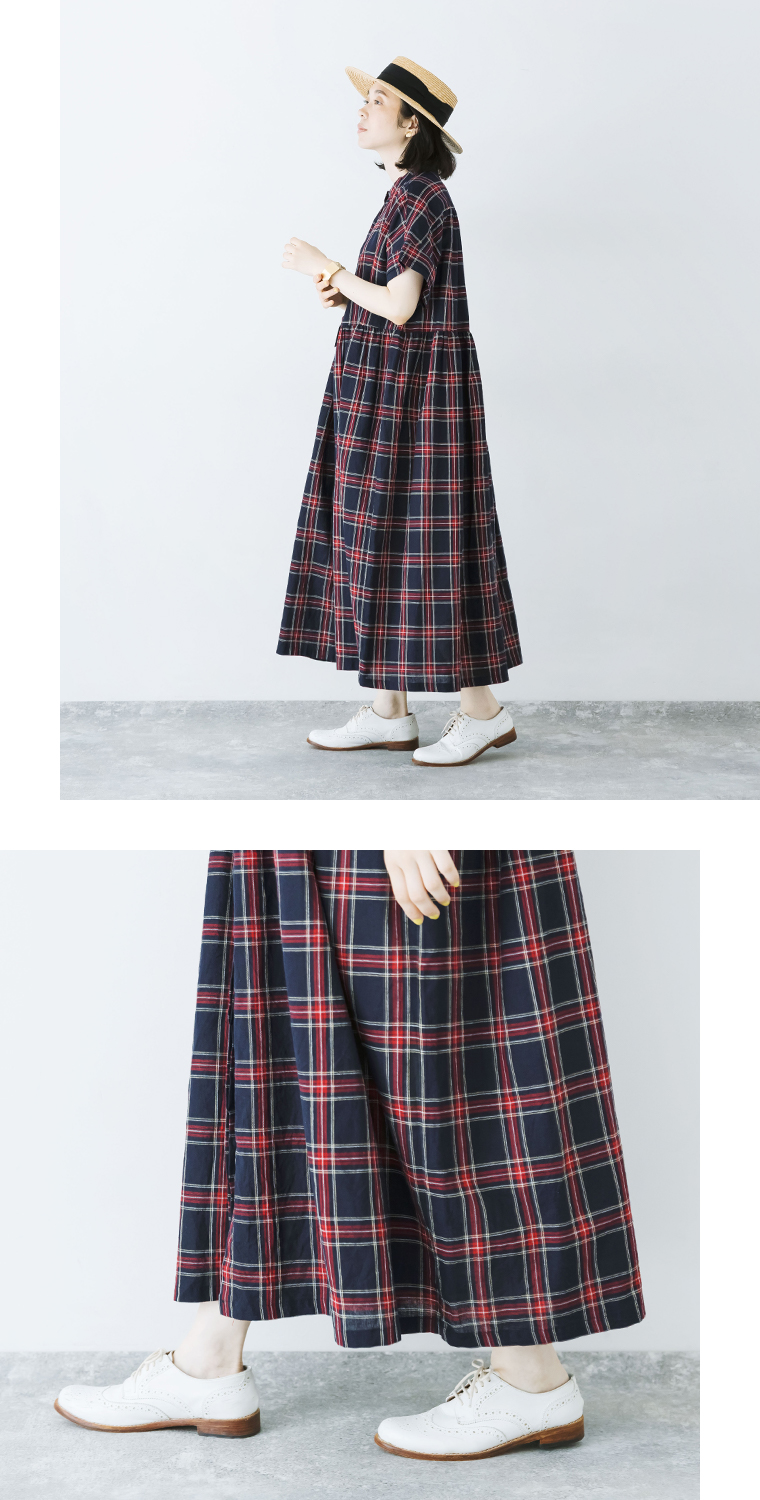 【 ubasoku 】別注|リネンチェックバンドカラー切替比翼二枚袖半袖前開きワンピース ネイビー×レッド 裾寄り