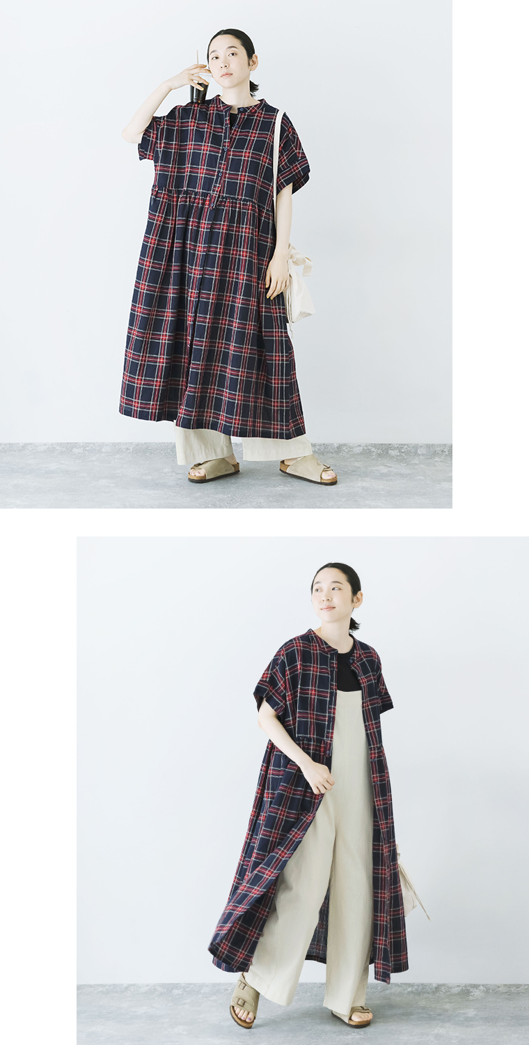 【 ubasoku 】別注|リネンチェックバンドカラー切替比翼二枚袖半袖前開きワンピース ネイビー×レッド重ね着 前開け
