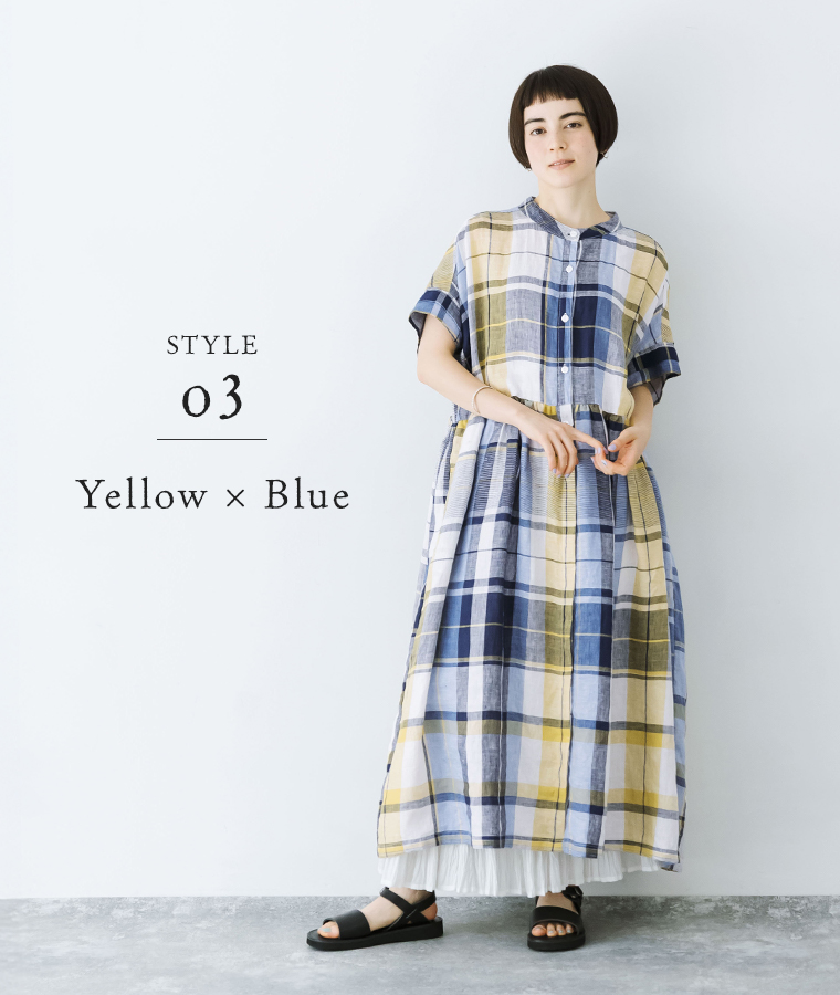 【 ubasoku 】別注|リネンチェックバンドカラー切替比翼二枚袖半袖前開きワンピース イエロー×ブルー