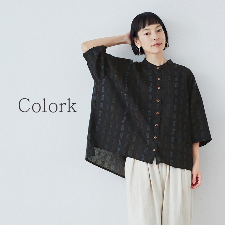 COLORK  ステッチ刺繍入りローンふわっとシャツ　