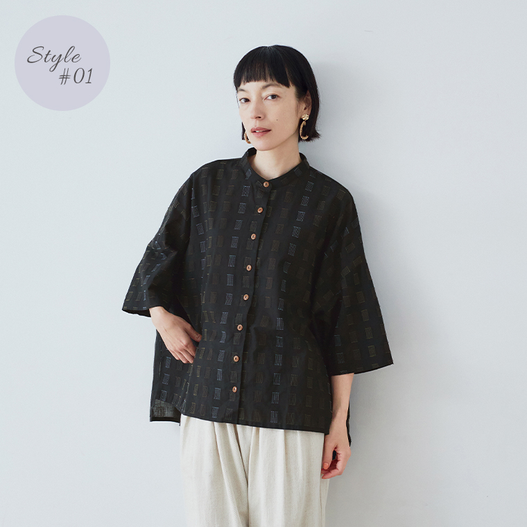 COLORK  ステッチ刺繍入りローンふわっとシャツ　ブラックの紹介