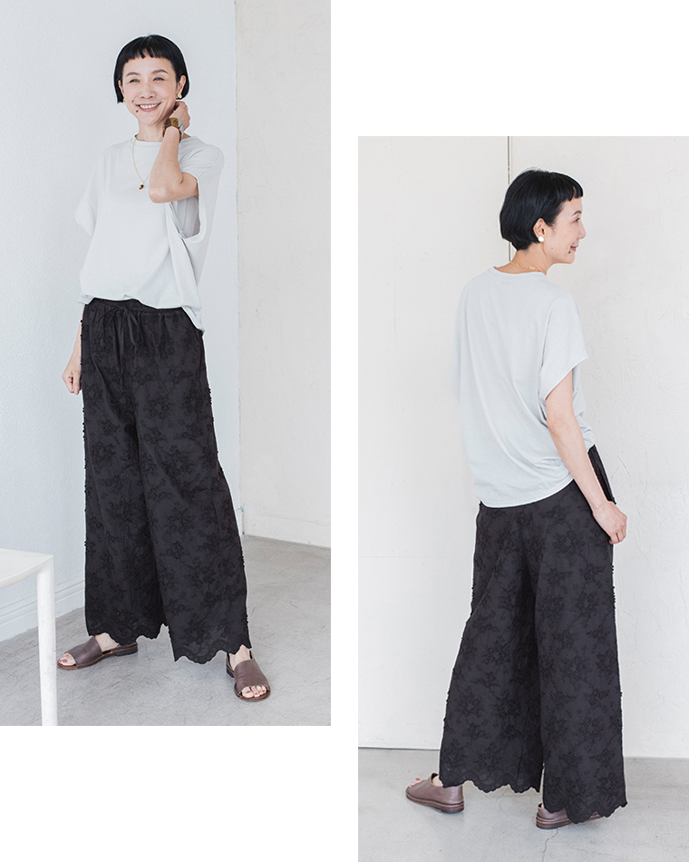 D*g*y別注｜立体フラワー刺繍パンツブラックのデザイン